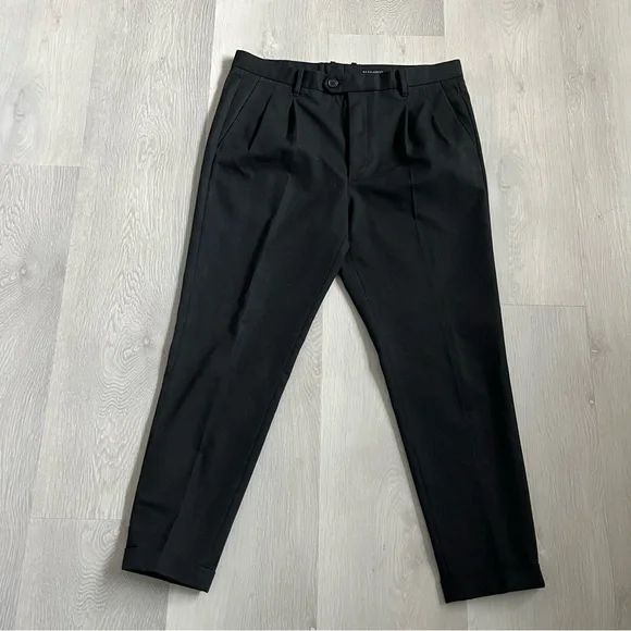 ALLSAINTS MENS TALLIS WOOL PANTS CHARCOAL BLACK CROPPED PLEATED POCKETS 32